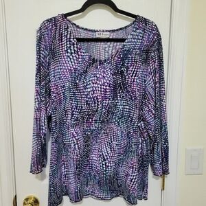 All Hours Womens XXL Purple Blue Abstract Dot Sequin Blouse 3/4 Sleeve‎ Top USA
